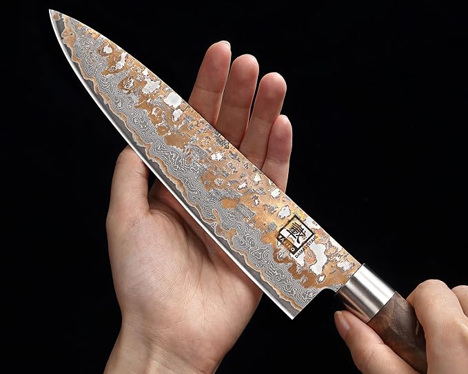 zayiko Damascus Chef Knife 8.8 Inch, VG10 Core Kitchen Knife for Meat, Fish & Vegetables, 67-Layer Copper Damascus Steel, Maple Root Wood Handle, Wooden Gift Box