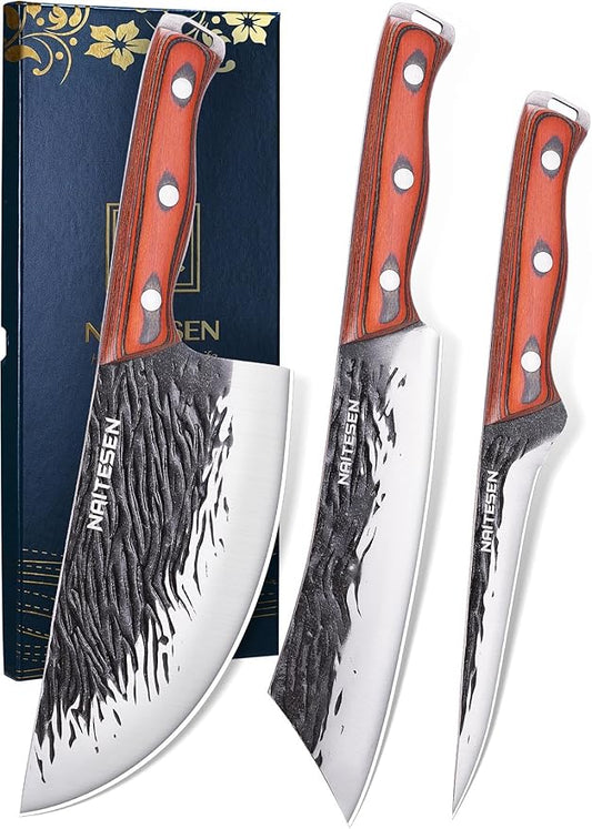Naitesen 3PCS Hand Forged Butcher Knife Set - Very Sharp Serbian Chef Knife, Cleaver and Boning Knife for Meat Cutting Kitchen, Camping & BBQ - Full Tang Wood Handle with Gift Box