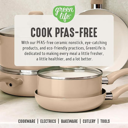 GreenLife 2-Piece Nonstick Frying Pan Set, 8” & 10” Skillets, Non-Toxic Ceramic Cookware, Dishwasher Safe, Stay-Cool Handles, Induction Ready, Fast Heating, Omelet Pan, PFAS Free, Beige Taupe