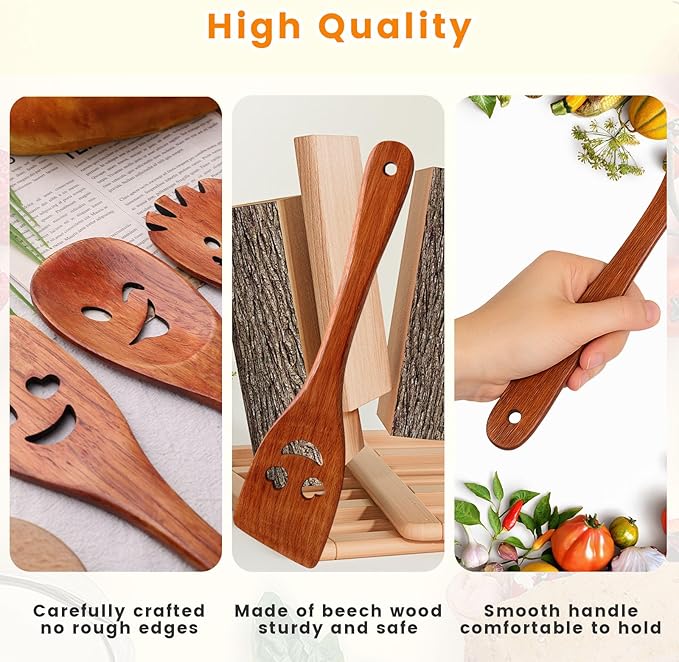 HANSGO 5PCS Wooden Cooking Spoons, Funny Wooden Utensil Set Wood Spatulas with Smile Faces Cute Kitchen Accessories, Best Cooking Gifts for Housewarming Wedding Holidays