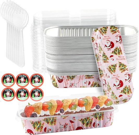 50Pack Pink Christmas Mini Loaf Pans with Lids Mini Cake Pans with Lids and Spoons, 6.8Oz Aluminum Foil Pans Tins, Individual Dessert Cups Containers for Sales,Party,Picnics