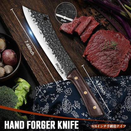 Huusk Butcher Knife 8 Inch, Hand Forged Meat Knife with Wood Full Tang Handle, Japanese Chef Knives with Box, Ideal Gift for Man and Women