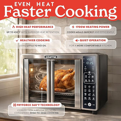 Gourmia Air Fryer French Door Toaster Oven - 6-Slice Capacity, LED Display with 19 Cooking Presets, Stainless Steel