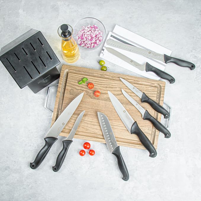 Restaurantware Sensei 8-Piece Knife Set 1 With Colored Coded Pins Professional Knife Set For Chefs - Razor Sharp Stain-Resistant Black German Steel Steel Knife Set Ergonomic Handle
