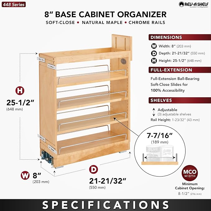 Rev-A-Shelf 8" Pullout Shelf Organizer for Kitchen and Bathroom Base Cabinets, Wooden Slide Out Spice/Medicine Rack with Soft-Close, 448-BCBBSC-8C