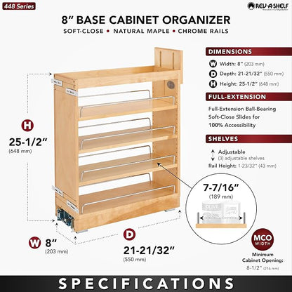Rev-A-Shelf 8" Pullout Shelf Organizer for Kitchen and Bathroom Base Cabinets, Wooden Slide Out Spice/Medicine Rack with Soft-Close, 448-BCBBSC-8C