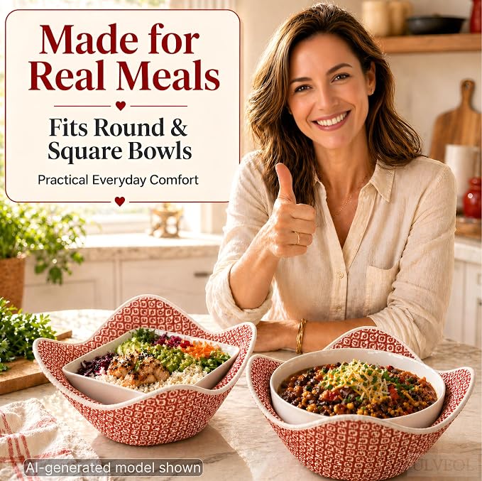 Set of 2 Microwave Bowl 4x7x7 Inch Polyester Cloth Hot Pads with Red Pattern - Multipurpose Heat Resistant Plate Holders - Ramen Pot Cozy or Soup - Pot Holder Microwavable Bowl Cozies for Food