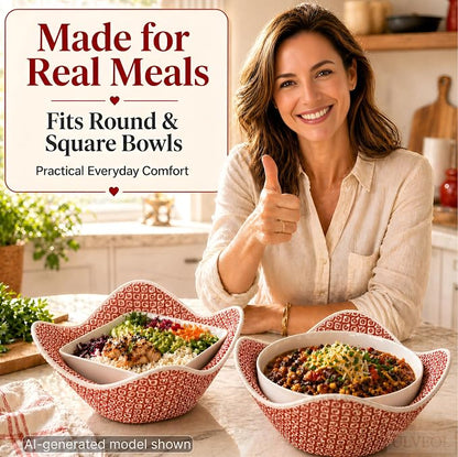 Set of 2 Microwave Bowl 4x7x7 Inch Polyester Cloth Hot Pads with Red Pattern - Multipurpose Heat Resistant Plate Holders - Ramen Pot Cozy or Soup - Pot Holder Microwavable Bowl Cozies for Food