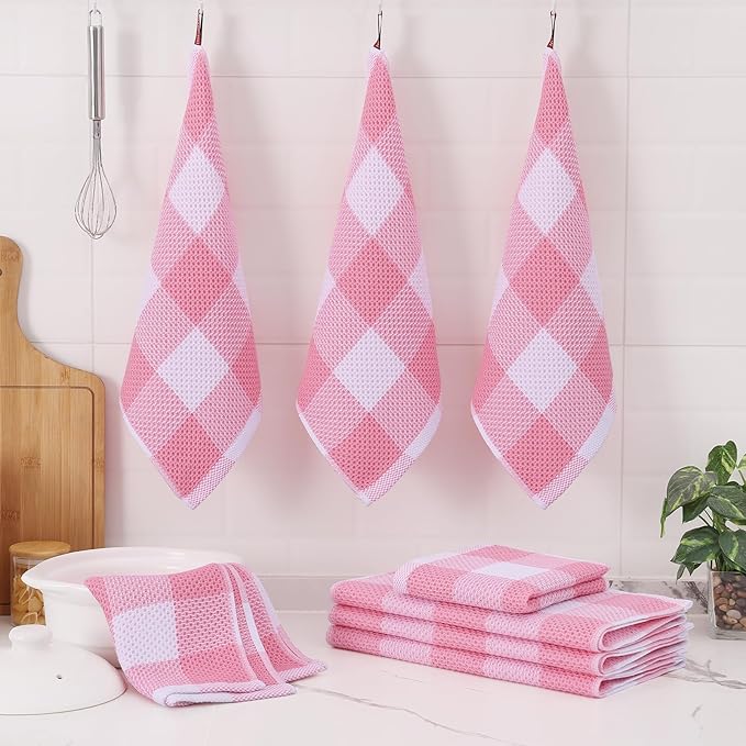 Homaxy Kitchen Towels and Dishcloths Set, 12 x 12 and 13 x 28 Inches, Set of 10 100% Cotton Waffle Weave Check Plaid Kitchen Dish Towels, Super Soft and Absorbent Dish Cloths, White & Pink