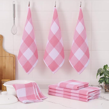 Homaxy Kitchen Towels and Dishcloths Set, 12 x 12 and 13 x 28 Inches, Set of 16 100% Cotton Waffle Weave Check Plaid Kitchen Dish Towels, Super Soft and Absorbent Dish Cloths, White & Pink