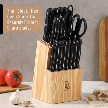 BAMBOO LAND- Kitchen Knife Set, 18 pcs, Stainless Steel Knife Set with Block and Sharpener