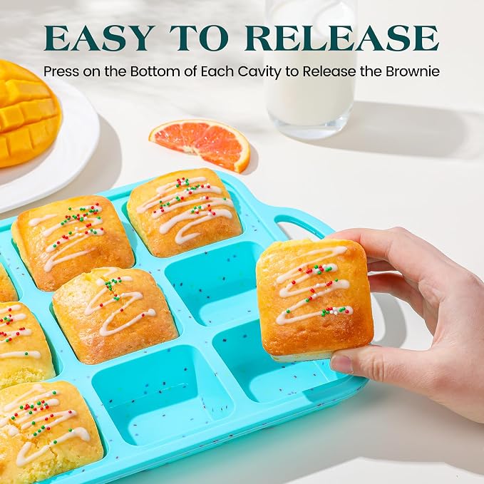 KASHME 2Pcs Silicone Brownie Pans With Dividers, 12-Cavity Non Stick All Edges Mini Brownie Baking Pan With Metal Frame, Square Muffin Pan For Oven, (Aqua、Cream)