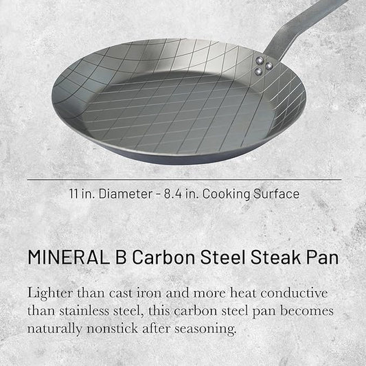 de Buyer MINERAL B Carbon Steel Steak Pan - 11” Diameter, 8.4” Cooking Surface - Ideal for Searing & Browning Meat - Naturally Non-Stick Finish - Made in France