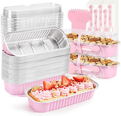 Mini Cake Pans with Lids, 100 Pack Pink Mini Loaf Pans with Lids 6.8 oz, Individual Cake Pans with Lids for Mini Cakes, Brownies, Cheesecake, Bake Sale, Parties, Graduation Gifts Party Favors
