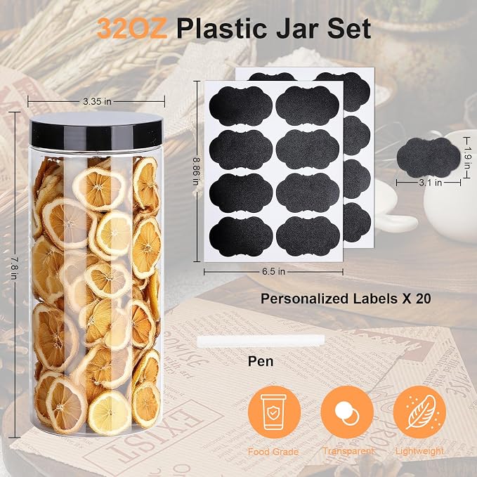 Plastic Jars with Lids,OBKJJ 20 PCS 32 OZ Large Capacity Clear Storage Containers with Leakproof Lids Reusable Empty Storage Container for Dry Food Spice Candy Cookie Household and Kitchen Organizing