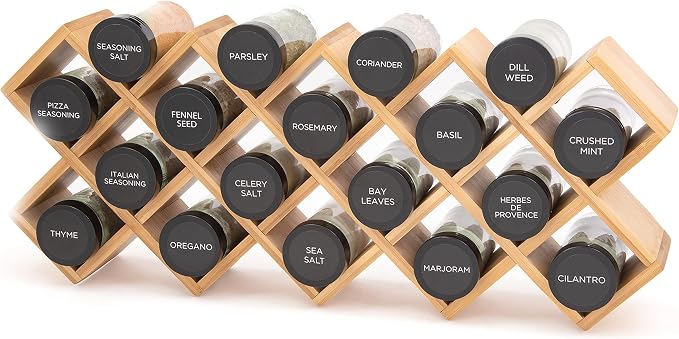Kamenstein Criss Cross 18 Jar Bamboo Spice Rack with Spices Included - Countertop, Drawer, or Wall Mount Organizer with Refill Program