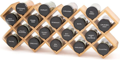 Kamenstein Criss Cross 18 Jar Bamboo Spice Rack with Spices Included - Countertop, Drawer, or Wall Mount Organizer with Refill Program