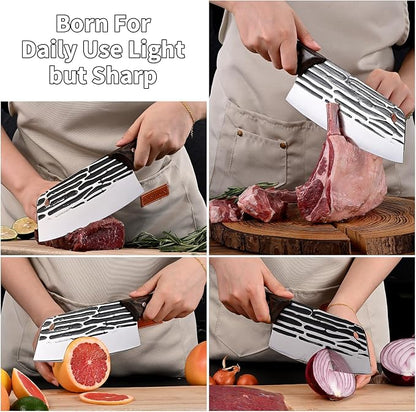 Forged Meat Cleaver Kitchen Butcher Knife for Meat Cutting and Slicing, Serbian Chef Knife with Wood Handle and Gift Packaging