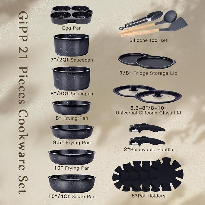 GiPP Ceramic Pots and Pans Set Non Stick, Nonstick Detachable Handle Cookware Sets, Healthy Non Toxic PFAS PFOA & PTFE Free, Dishwasher ＆Oven Safe, Induction Kitchen Pot and Pan, 21 Piece Grey