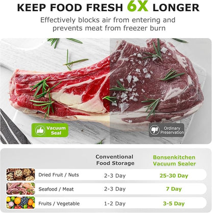 Bonsenkitchen Vacuum Sealer Machine | Compact Food Sealer for Kitchen Storage & Meal Prep | Multiple Modes | External Vacuum System | 5 Bags, Black