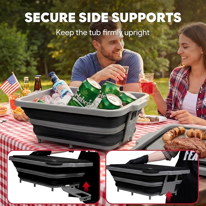 Feasto Collapsible BBQ Prep Tubs with Cutting Board, 9-IN-1, 2 Tubs Portable Grill Prep Station with Side Brackets, Lids, Knives, Meat Claws and Drain Rack, Space-Saving for Kitchen & Camping, Black