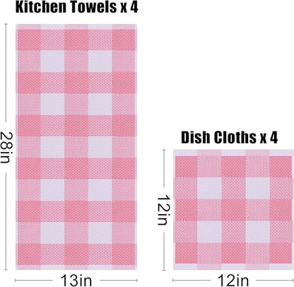 Homaxy Kitchen Towels and Dishcloths Set, 12 x 12 and 13 x 28 Inches, Set of 10 100% Cotton Waffle Weave Check Plaid Kitchen Dish Towels, Super Soft and Absorbent Dish Cloths, White & Pink