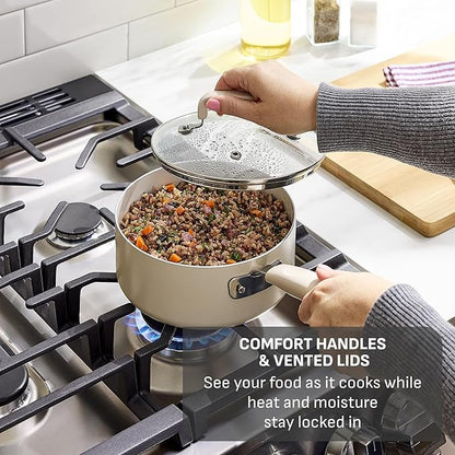 T-fal Signature Nonstick 12 Piece Cookware Set, Oven Safe Up to 350°F, Dishwasher Safe, Pots and Pans Set, Includes Frying Pans, Saucepan, Stockpot, Cooking Utensils, Cream