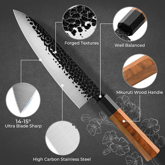 RASSE Japanese Chef Knife Gyuto Chef Knife - 8 Inch Professional Hand Forged Kitchen Knife High Carbon Japanese AUS-8 Stainless Steel Knife with Rosewood Handle & Gift Box