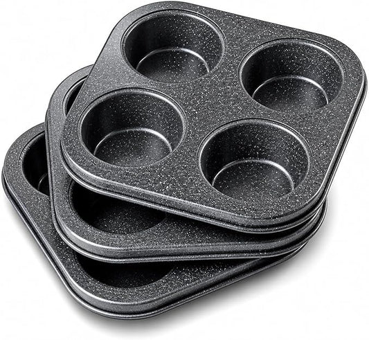 3-Pack 4-Cup Muffin Pan, Nonstick Granite Coating Carbon Steel Cupcake Pan Set, Standard Muffin Tin for Air Fryer Small Oven Baking, Easy Release, Nests Flat for Storage