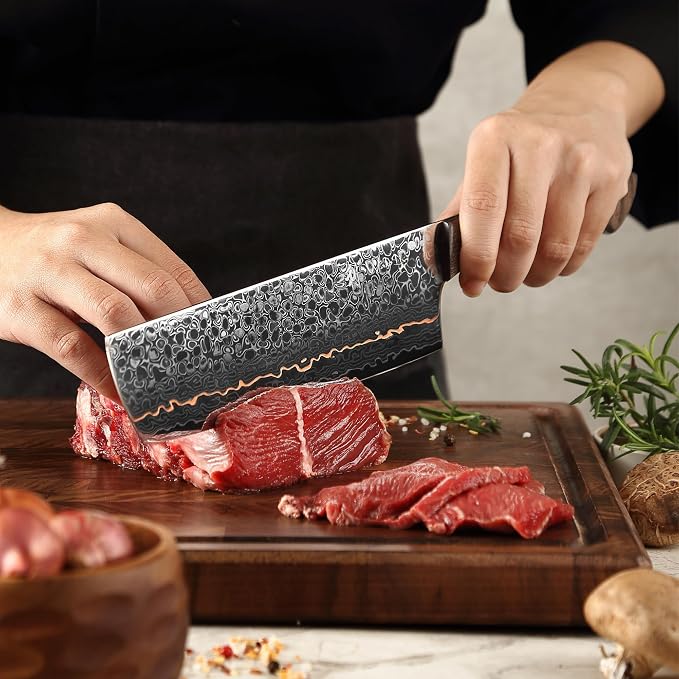 Wakoli Kawa Nakiri Knife, 7.1-Inch Blade Damascus Chef Knife | 67-Layer Damascus Steel with VG10 Core | Copper Inlay | Maple Stabilized Wood Handle | Professional Kitchen Knife