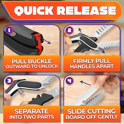 7-in-1 Cutting Board Scissors for Food - Heavy Duty Vegetable Scissors Food Cutter with Ribbed Blades, Chopping Board, Spring Assist, Safety Lock, Dishwasher Safe, Suitable for Meat & Vegetables