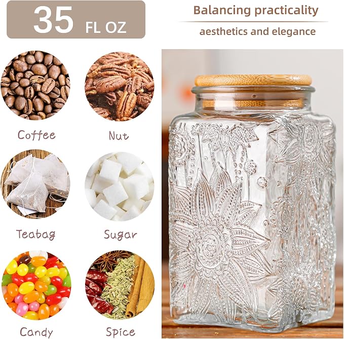 Custde Glass Storage Jars With Airtight Lid, 35oz Canister For Kitchen Counter with Bamboo Lid, brown sugar, candy, coffee, cookie, salt, tea,pantry cute Jar (Large Square Sunflower)