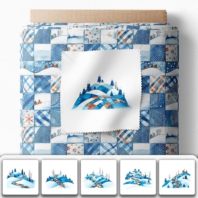 Winter Patchwork Landscape Cotton Fabric Panel – 6 Designs (10×10 inch Each) + Bonus Patchwork Sheet 29.5×19.6 inch, 100% Cotton 140 GSM