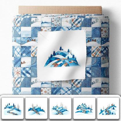 Winter Patchwork Landscape Cotton Fabric Panel – 6 Designs (10×10 inch Each) + Bonus Patchwork Sheet 29.5×19.6 inch, 100% Cotton 140 GSM