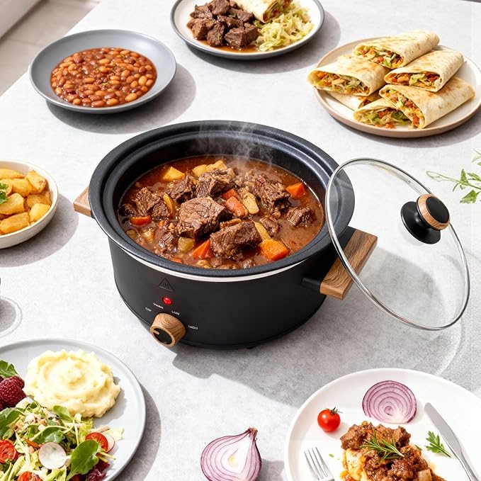 3 Quart Slow Cooker with Aluminum Inner Pot, 3 Temperature Settings, Dishwasher-Safe Removable Pot & Glass Lid, Wood-Grain Handle Design, Compact Electric Cooker for Home Meals, Black