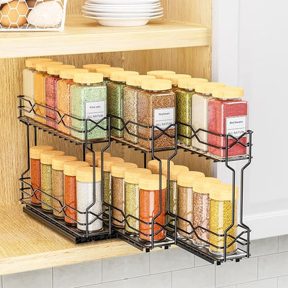 RCHYFEED Pull Out Spice Rack Organizer for Cabinet, Metal Heavy Duty Cabinet Spice Organizer, 2 Tier Slide Out Spice Racks, 7.3 W x10.5 D x8 H, 3 Individual Drawers(2.1" Wide), Jars Not Included