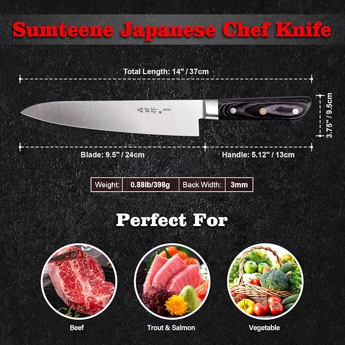 Japanese Chef Knife 9.5 inches, Professional Sushi Knife with Pakkawood Ergonomic Handle, Sharp for Household or Work