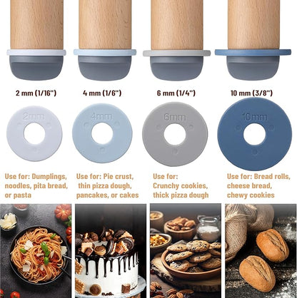 BAMBOO LAND- Adjustable Rolling Pin with Thickness Rings for Baking, 13.8", 4 Pastel Colored Thickness Rings (2-10 mm or 1/16"-3/8"), Wood Rolling Pins for Baking, Bread, Pizza Doughs