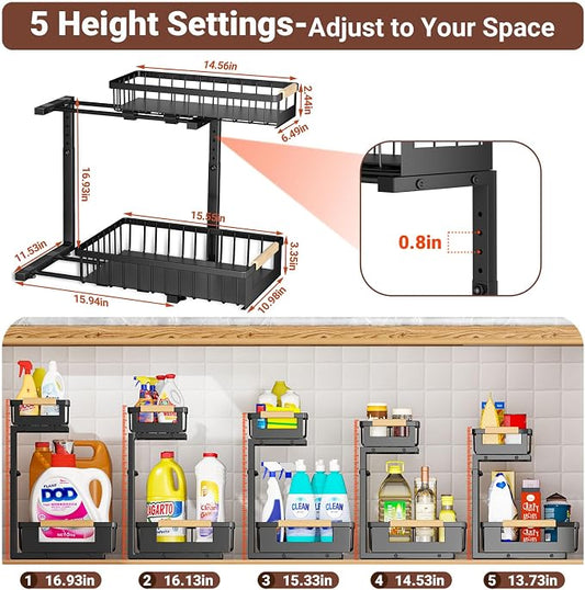 4 Pack L-Shape Under Sink Organizer, 2 Tier Pull Out Cabinet Organizer with 5-Level Adjustable Height, Double Sliding Metal Storage Rack for Kitchen Bathroom Pantry, Black