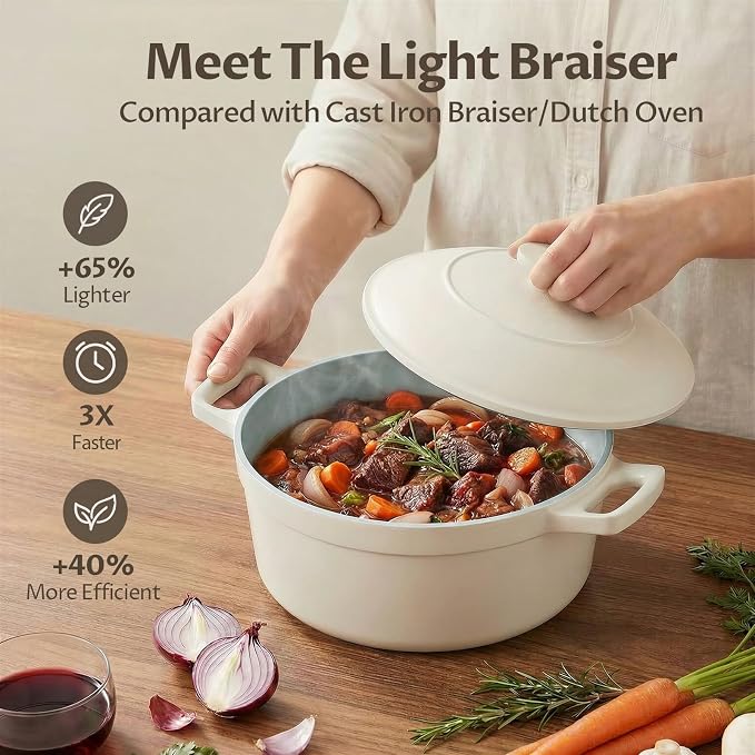 BEZIA 5.7 Quart Nonstick Ceramic Dutch Oven Style Stock Pot with Lid, Lightweight Die-Cast Aluminum Cooking Pot for Family Stew & Braising, Induction Ready Soup Pot, Oven Safe, Serves 3-5 People