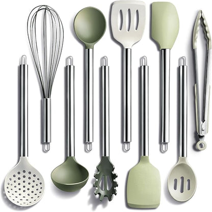 COOK WITH COLOR Silicone Cooking Utensils, Kitchen Utensil Set, Easy to Clean Silicone Kitchen Utensils, Cooking Utensils for Nonstick Cookware, Kitchen Gadgets Set, 10 Pieces, Green