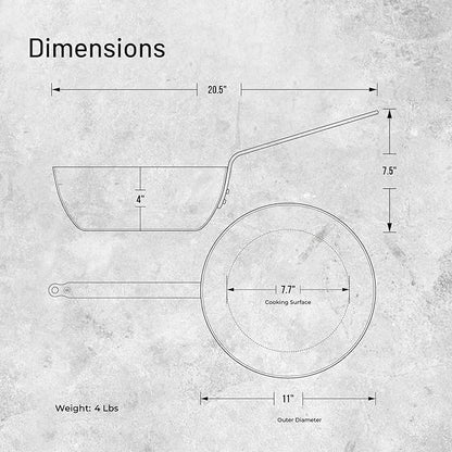 de Buyer MINERAL B Carbon Steel Country Fry Pan - 11” Diameter, 7.7” Cooking Surface - Ideal for Sauteing, Simmering, Deep Frying & Stir Frying - Naturally Non-Stick Finish - Made in France
