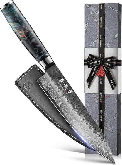 Japanese Chef Knife 8", Hand Forged 67-Layer Damascus VG10 Core Kitchen Knife for Home & Professional Chefs, Razor Sharp Chef's Knives with Leather Sheath, Premium Father Day Gift for Dad Husband