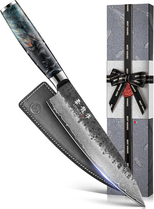 Japanese Chef Knife 8", Hand Forged 67-Layer Damascus VG10 Core Kitchen Knife for Home & Professional Chefs, Razor Sharp Chef's Knives with Leather Sheath, Premium Father Day Gift for Dad Husband