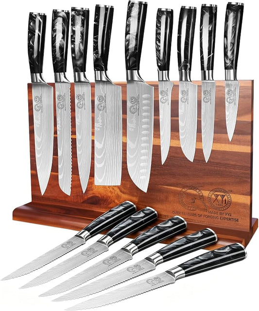 XYJ Authentic Since 1986,Knife Block Set,Professional Japanese Style Chef Knives Set with Block,Scissors,Sharpener Rod,Cutting Board,Gloves,Stainless Steel Steak Paring Bread Santoku Kitchen Knives