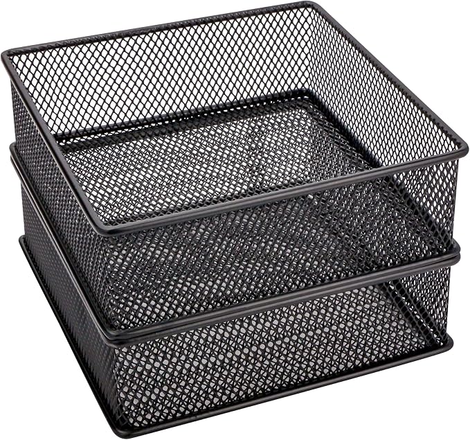 Annova Mesh Stackable Drawer Cabinet and Shelf Organizer Bins Storage Basket School Office Supply Holder Tray- Set of 2 (Black, 6x6x2 Inch)