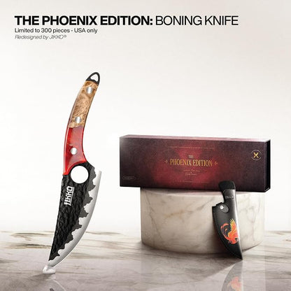 Jikko Japanese Knife Phoenix Edition Chef’s Knife, classic silhouette revisited: Forged & Hammered Blade, Black Titanium-Nitride Matte, Handcrafted Olive Wood & Resin Handle