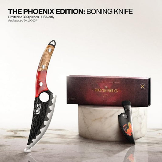 Jikko Japanese Knife Phoenix Edition Chef’s Knife, classic silhouette revisited: Forged & Hammered Blade, Black Titanium-Nitride Matte, Handcrafted Olive Wood & Resin Handle