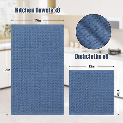 Homaxy 100% Cotton Kitchen Towels and Dishcloths Set, 12 x 12 & 15 x 25 Inches, Set of 16 Bulk Terry Cloth Dish Towels, Super Soft and Absorbent Hand Towel with Hanging Loop, Navy Blue