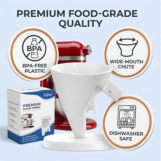 ZOFINA™ Flour Funnel for KitchenAid 6 Qt Bowl-Lift Stand Mixer RKSM60 + Cord Organizer | Mess-Free Pouring Attachment | No-Spill Baking, Food-Grade | Easy Pour & Dishwasher Safe